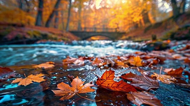 Autumn leaves floating on a stream with a bridge and forest in the background