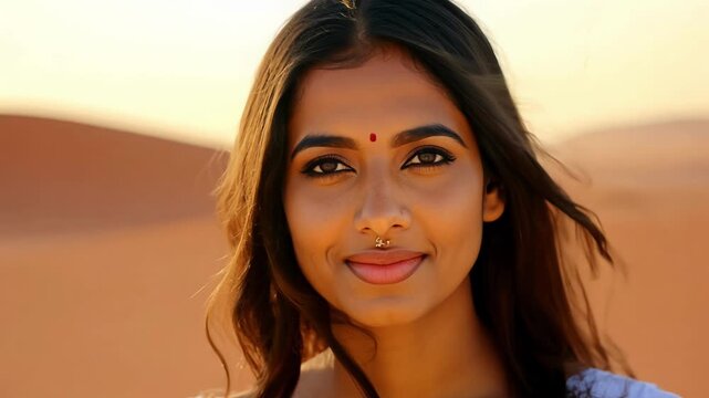 A woman with a nose ring and a red dot on her forehead. She is smiling and looking at the camera