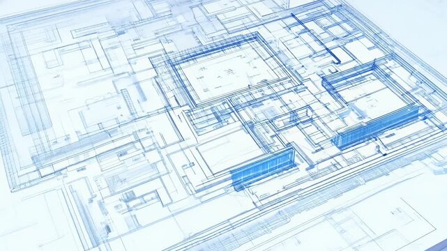 A blue and white drawing of a building with a lot of windows