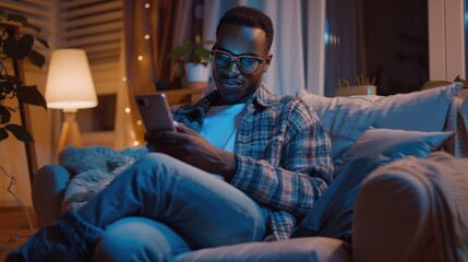 Man in Glasses Uses Smartphone While Relaxing on a Couch