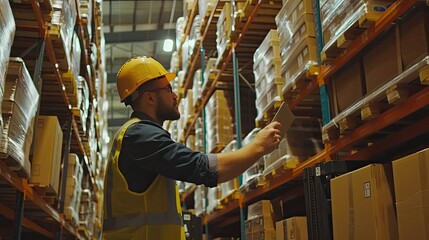 Warehouse Worker Using Tablet to Check Inventory in a Warehouse