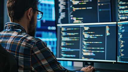 Programmer working on code with multiple monitors