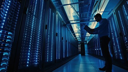 A Technician Working in a Data Center with Lit Servers