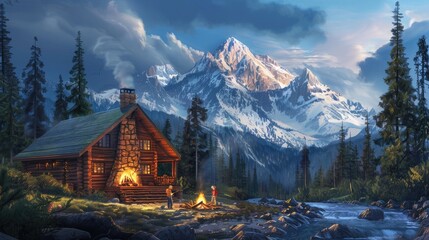 Two Hikers Resting at a Campfire by a Log Cabin in the Mountains
