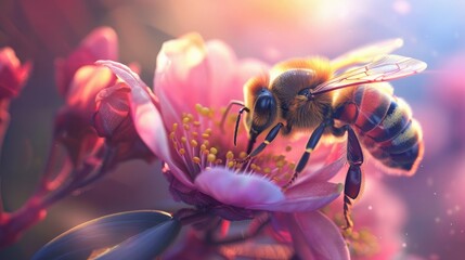 Honeybee Gathering Pollen From Pink Blossom