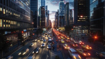 Nighttime Cityscape with Traffic on a Busy Street