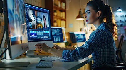 Woman editing video footage on a computer monitor