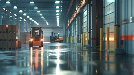 Forklift in a Warehouse with Pallets of Boxes