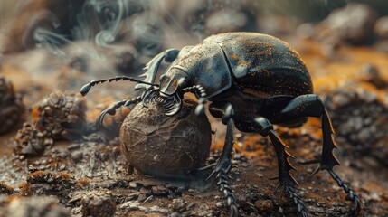 A Large Black Beetle Rolls a Ball of Dung