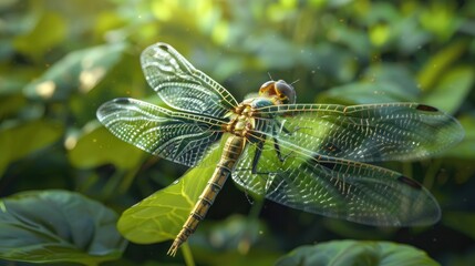 A Dragonfly Perched on Green Foliage with a Sunlit Background