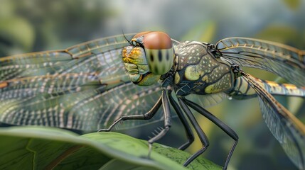A Detailed Close-Up of a Dragonfly Resting on a Leaf