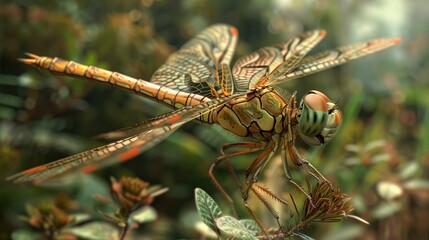 A Detailed Close-up of a Dragonfly Resting on a Plant
