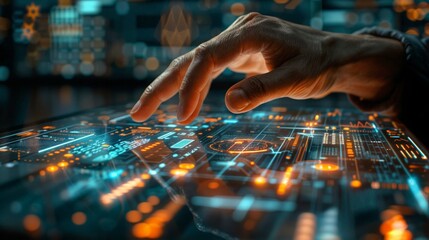 a man's hand interacting with a futuristic interface on a tablet screen.