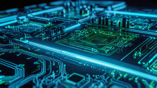 Close-up of a futuristic circuit board glowing with green and blue lights