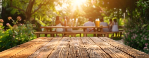 Empty wooden table and blurred view of a group of people having BBQ barbecue outdoors. Wood desk in front of a natural garden background. Summer lifestyle concept.