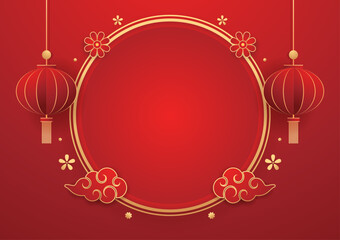 Happy Chinese new year 2025. Chinese new year banner with circle for show product. Greeting card. China frame with lantern on red background.
