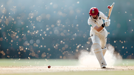 Cricket Batsman Hitting Ball in Dramatic Action Shot