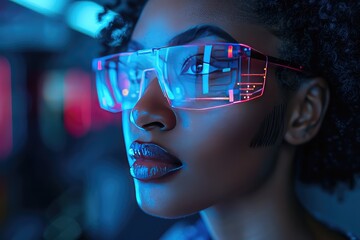 The future is already here. Young woman wearing augmented reality glasses. Modern innovative technologies come to life faster than we think.