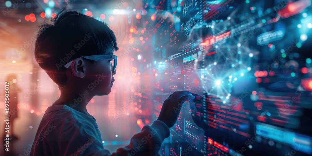 Poster young child interacts with a digital interface, exploring a futuristic virtual environment with glow