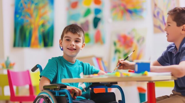 Young boy in a wheelchair playing sports in a gymnasium at sunset. Accessibility and athleticism for disabled children.
