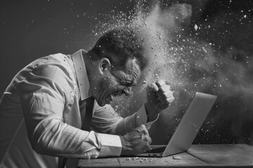 Frustrated man punches laptop in anger. Black and white photo emphasizing workplace stress. Conceptual image highlighting burnout and rage. Perfect for articles about stress relief. Generative AI