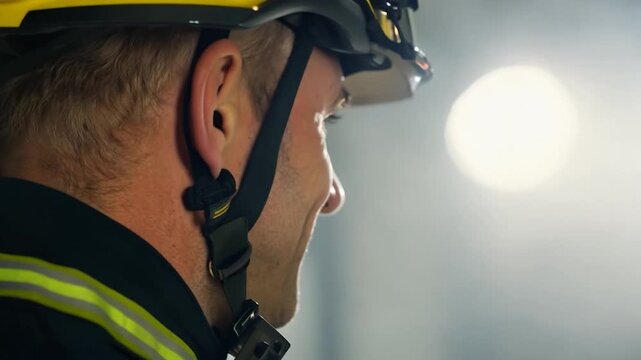 A firefighter in a helmet observes a training exercise at a fire station, focused on safety and readiness