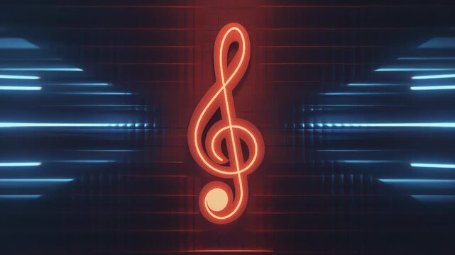 Glowing 3D treble clef surrounded by sound waves, 3D background music, elegant and striking
