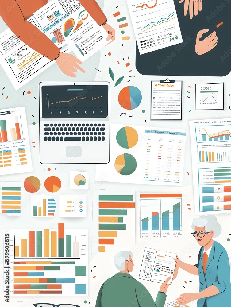 Poster two elderly individuals collaborate using charts and reports in a bright office space filled with da