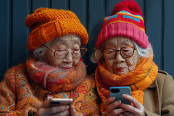 Elderly people in bright clothes look at a smartphone. Aged people use the gadget, messengers and social networks