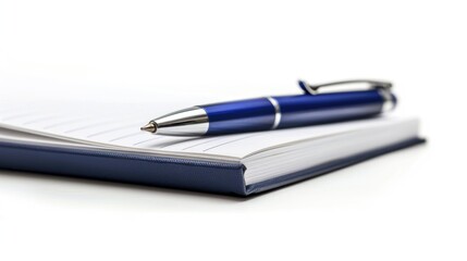 Ballpoint pen on open notebook against white background