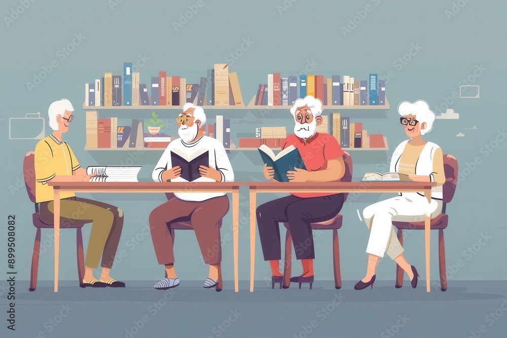 Poster elderly individuals are studying foreign languages using textbooks and dictionaries together in a co