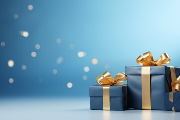 blue gifts with golden bows and ribbons placed on blue background, place for text