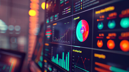 A vibrant display of financial data and analytics on a screen fills the frame, showcasing colorful graphics and detailed statistics.