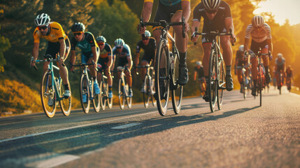 A dynamic shot of cyclists racing down a sunlit road, capturing the intense competition and vivid energy of the moment.