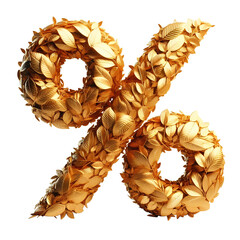 The Percent sign, percentage, made of golden leaves isolated on transparent background, png.