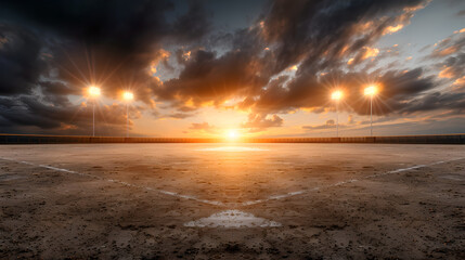 Dramatic sunset over empty parking lot with streetlights