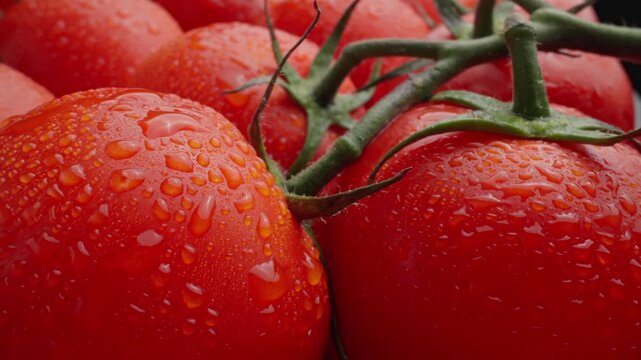 Freshly picked tomatoes from the vine. Red tomatoes with water drops. Each tomato glistening with dewdrops, highlighting their juicy freshness. Dolly shot in 4K, UHD
