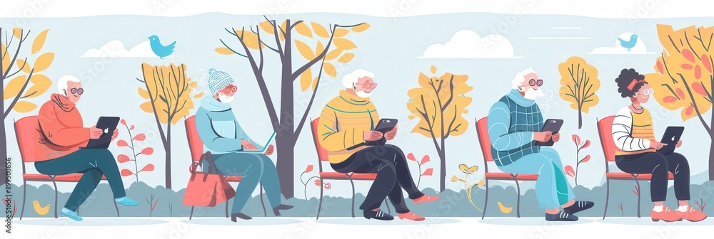 Poster a group of elderly people sits outside, each using a tablet, while colorful autumn leaves create a c