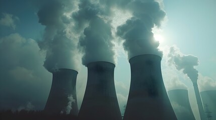 Industrial Power Plant with Cooling Towers Emitting Steam in Cloudy Sky