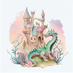 Fototapeta premium Watercolor Dragon Illustration, generative ai