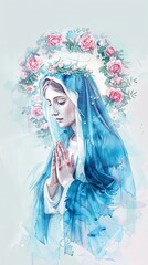 Serene Watercolor Portrait of Mother Mary Surrounded by Roses