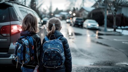 Fototapeta premium a children come to school by car.