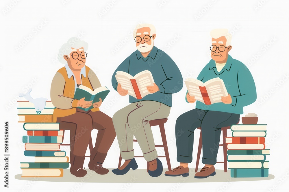 Poster three elderly learners focus on language studies with textbooks, dictionaries, and a stack of books 