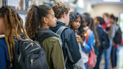 Groups of male and female high school students line up in an orderly fashion to receive their lunch at the school cafeteria.