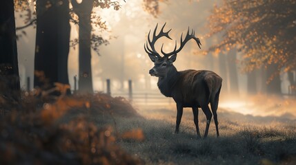 Majestic deer in a misty forest at dawn, soft light filtering through the trees, serene and natural wildlife scene, Photography, telephoto lens to cap 