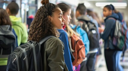 Groups of male and female high school students line up in an orderly fashion to receive their lunch at the school cafeteria.