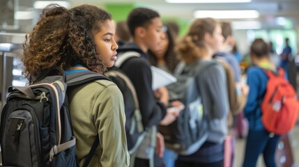 Obraz premium Groups of male and female high school students line up in an orderly fashion to receive their lunch at the school cafeteria.