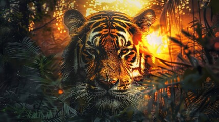 A regal tiger with a double exposure of an exotic jungle and setting sun.