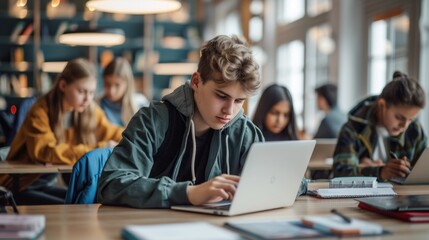 A group of high school students sit together researching a subject using laptops while working together.