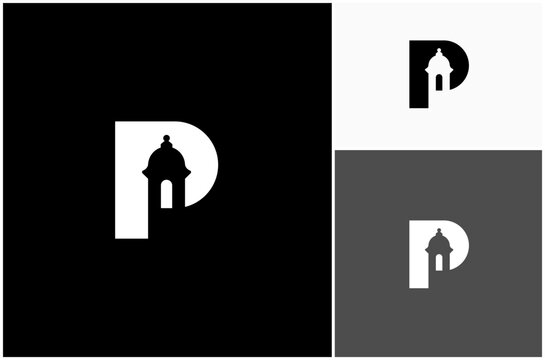 Initial Letter P El Morro Fort Fortress Castle Bartizan Castillo Vector Logo Design Illustration